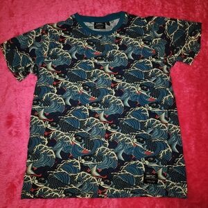 WESC Navy & Teal Wave Fish Print Short Sleeve Tee